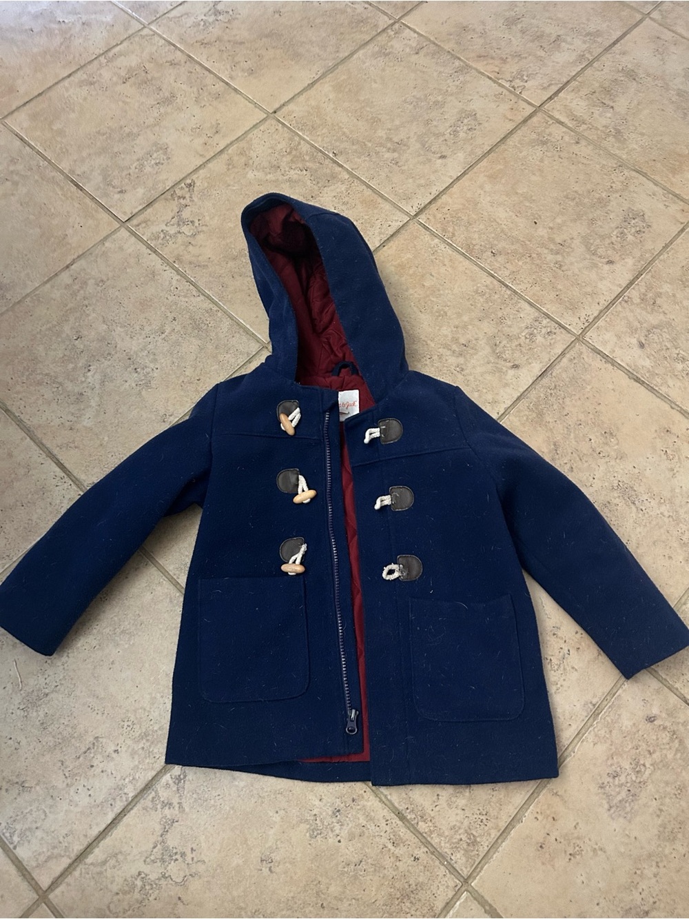 Cat & Jack Navy Hooded Toggle Pea Coat with Burgundy Lining (5T)